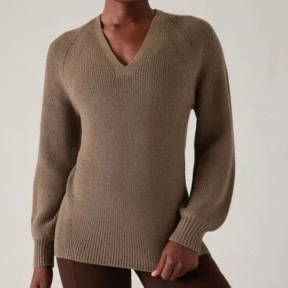 Athleta En Route Hanover Sweater Brown Wool V Neck Oversized Ribbed Knit 2023-M